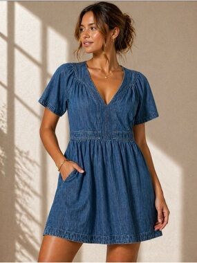 LOFT Chambray side Zip Mini Dress - Denim Blue with Pockets